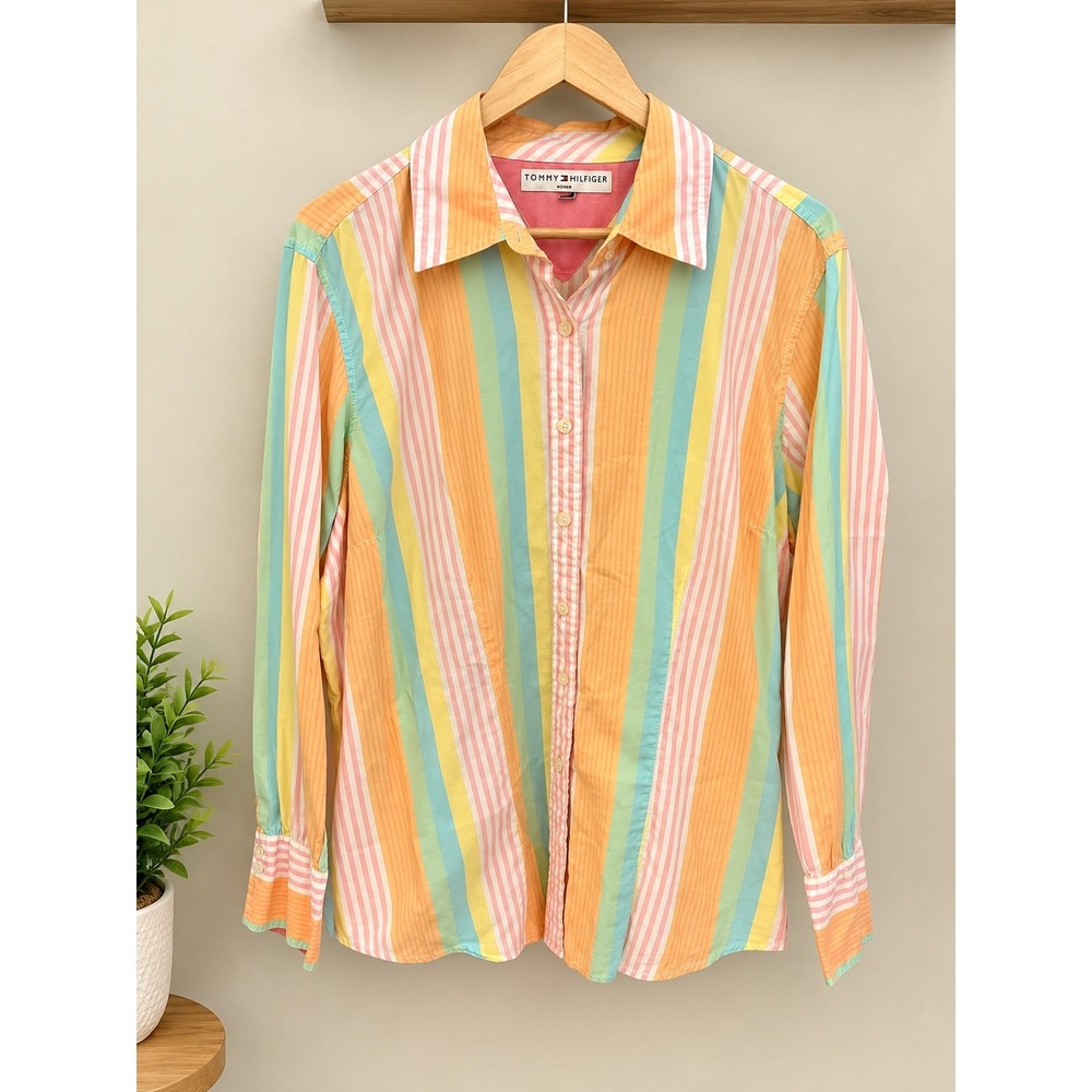 Tommy Hilfiger Woman VTG 90s Multi Color Vertical Stripe Cotton Button Up Shirt